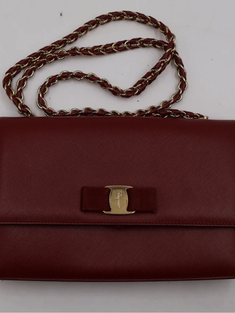Salvatore Ferragamo Burgundy Leather Vara Bow Crossbody with Gold Chain